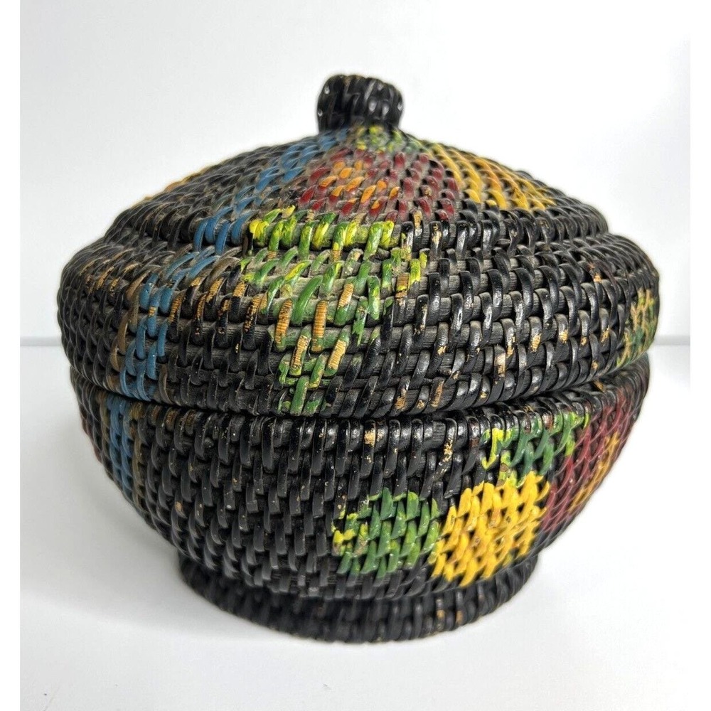 Vintage Sally Patchin Painted Wicker Round Basket Folk Art Americana With Lid